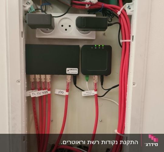 ארון תקשורת עם כבלים אדומים ומתגים
